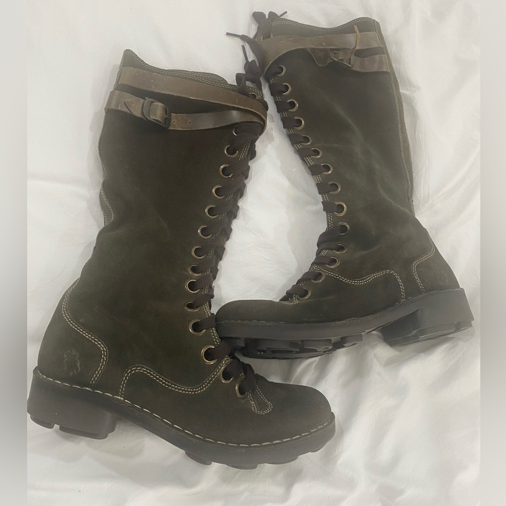 Like NEW Olive Green Zippered FLY London Leather Suede Boots size 40